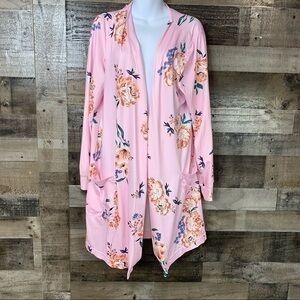 Pink Floral Flower Print Long Line Open Front Cardigan Size 2XL